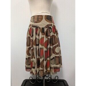 Kenneth Cole Beige Brown Red Polka Dot Silk Flare Skirt sz 12 Officewear Neutral
